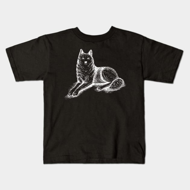 Lying Wolf (White) Kids T-Shirt by illucalliart